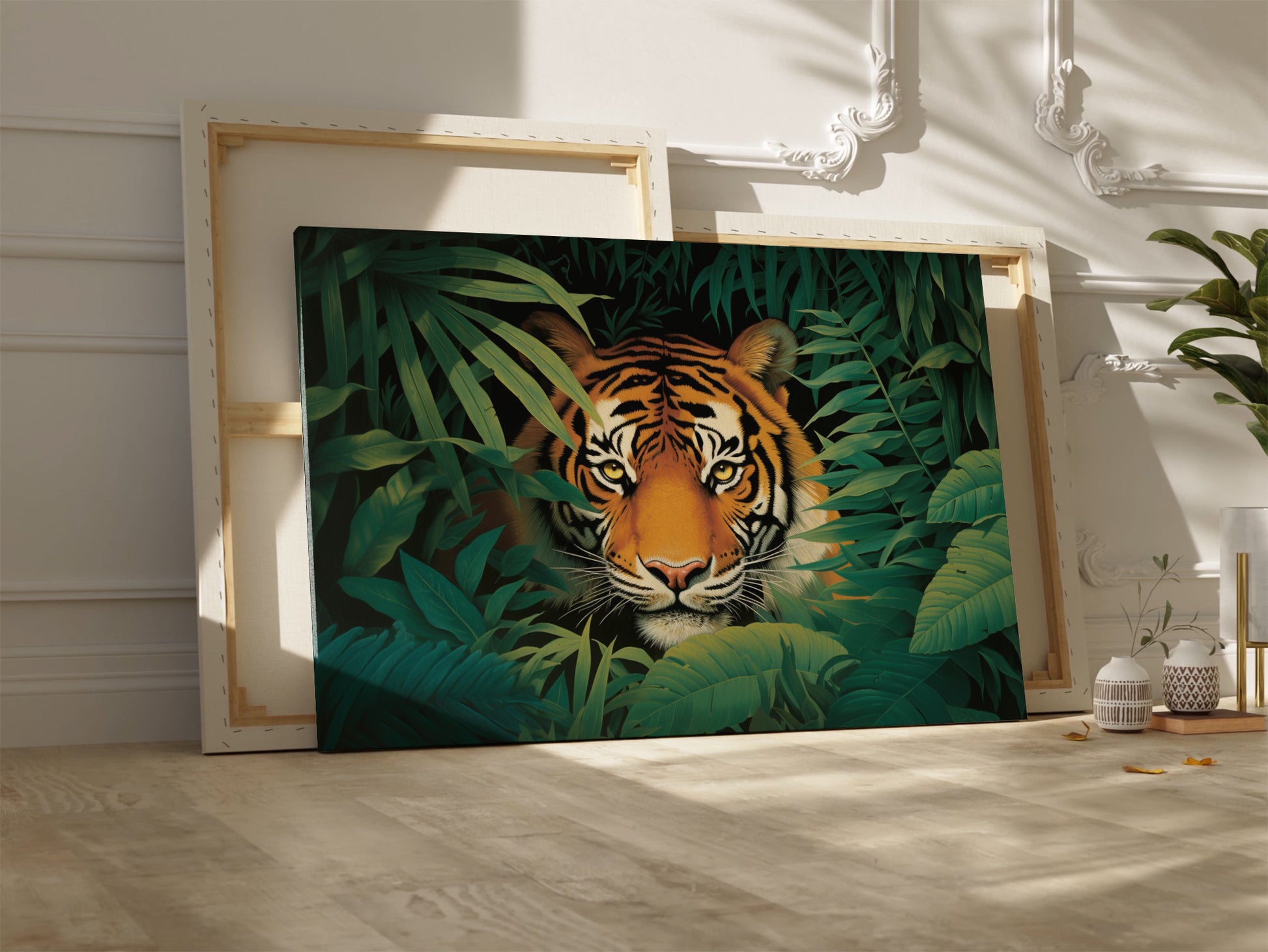 Canvas print of a tiger in a jungle with vivid green leaves around it