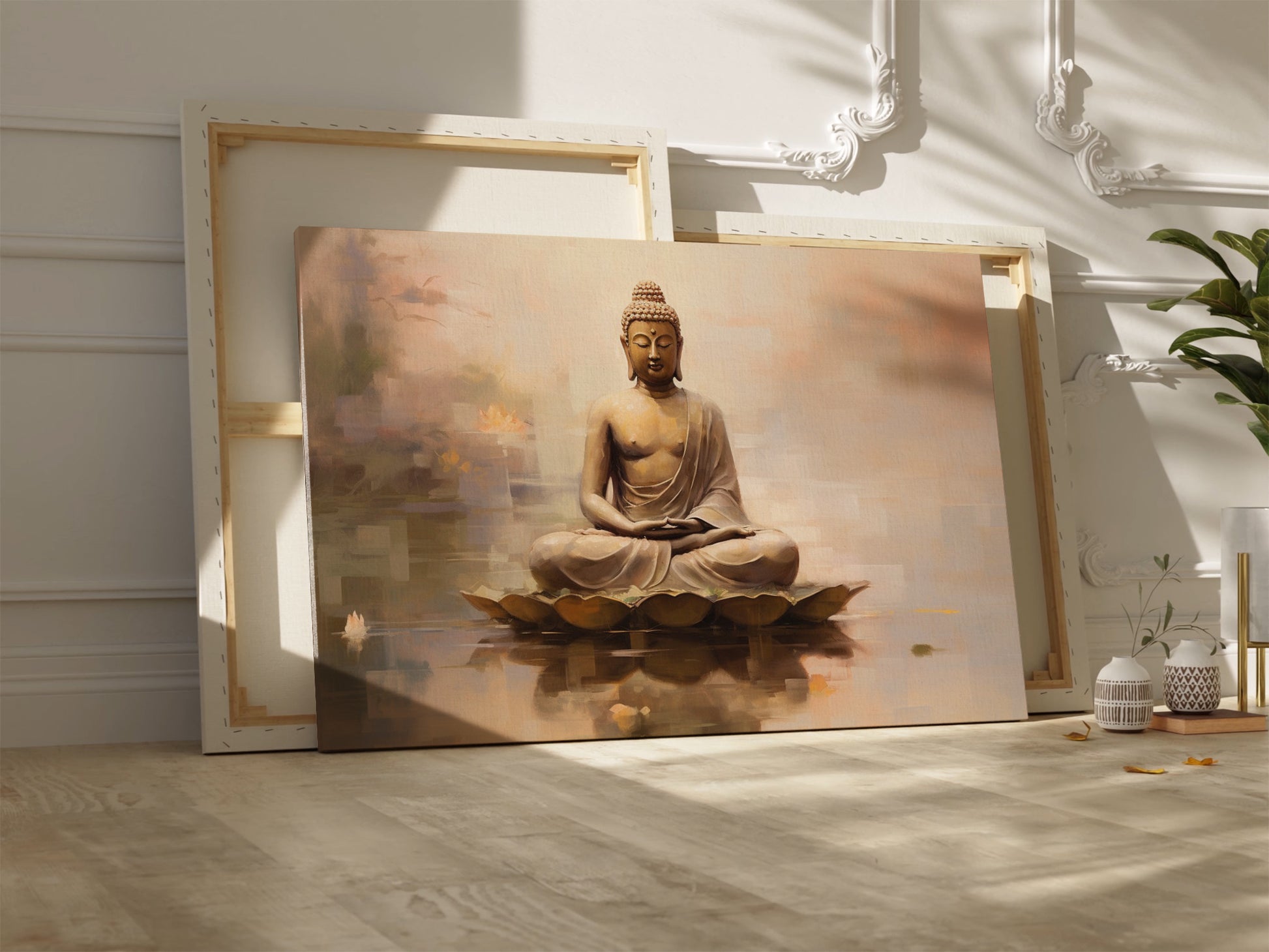 Framed canvas print of a serene Buddha in meditation with warm colour tones