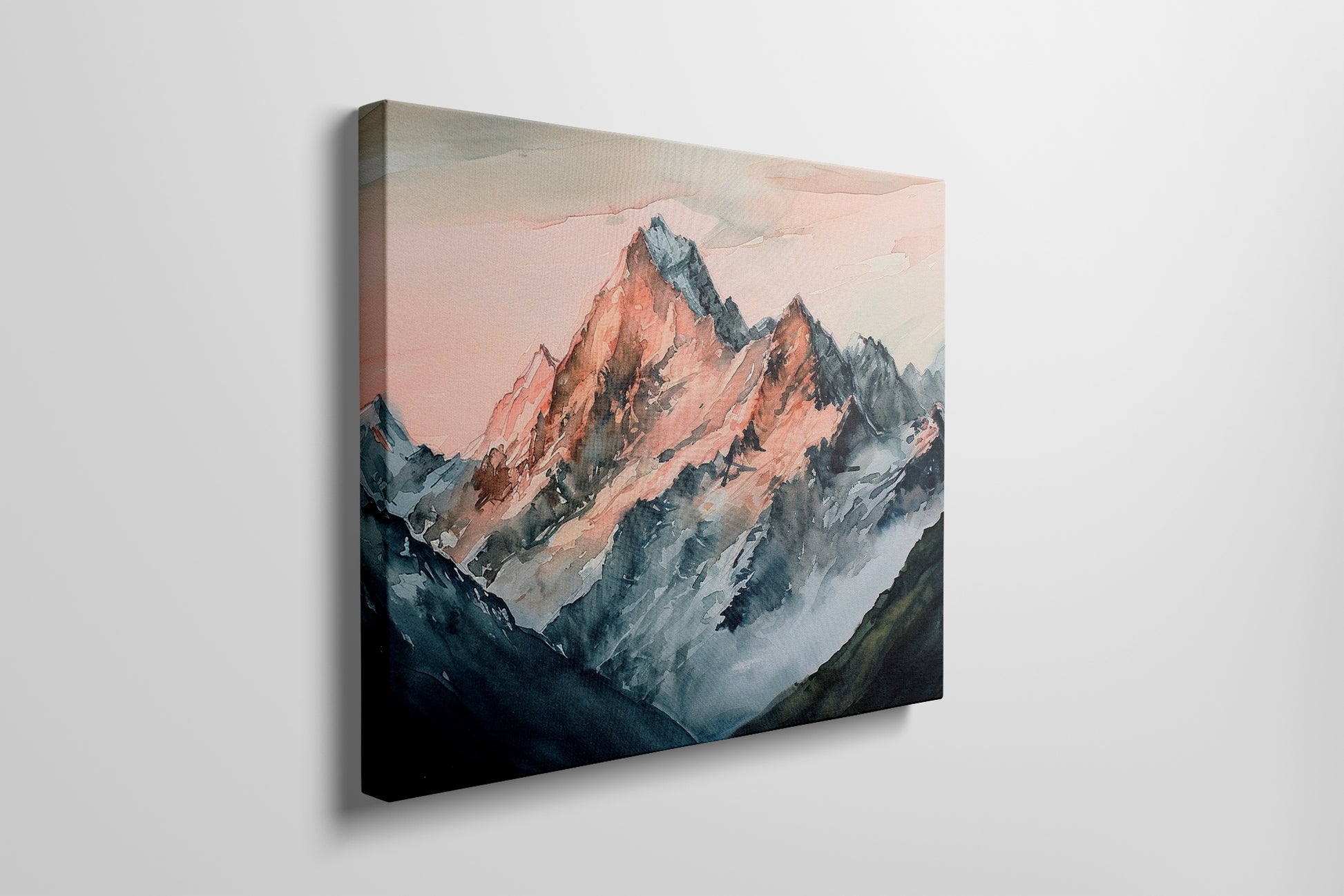 Framed canvas print of impressionist watercolor mountain landscape with sunset hues
