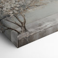 Textured painting of a tree with white flowers and its reflection on water, on a beige and brown background