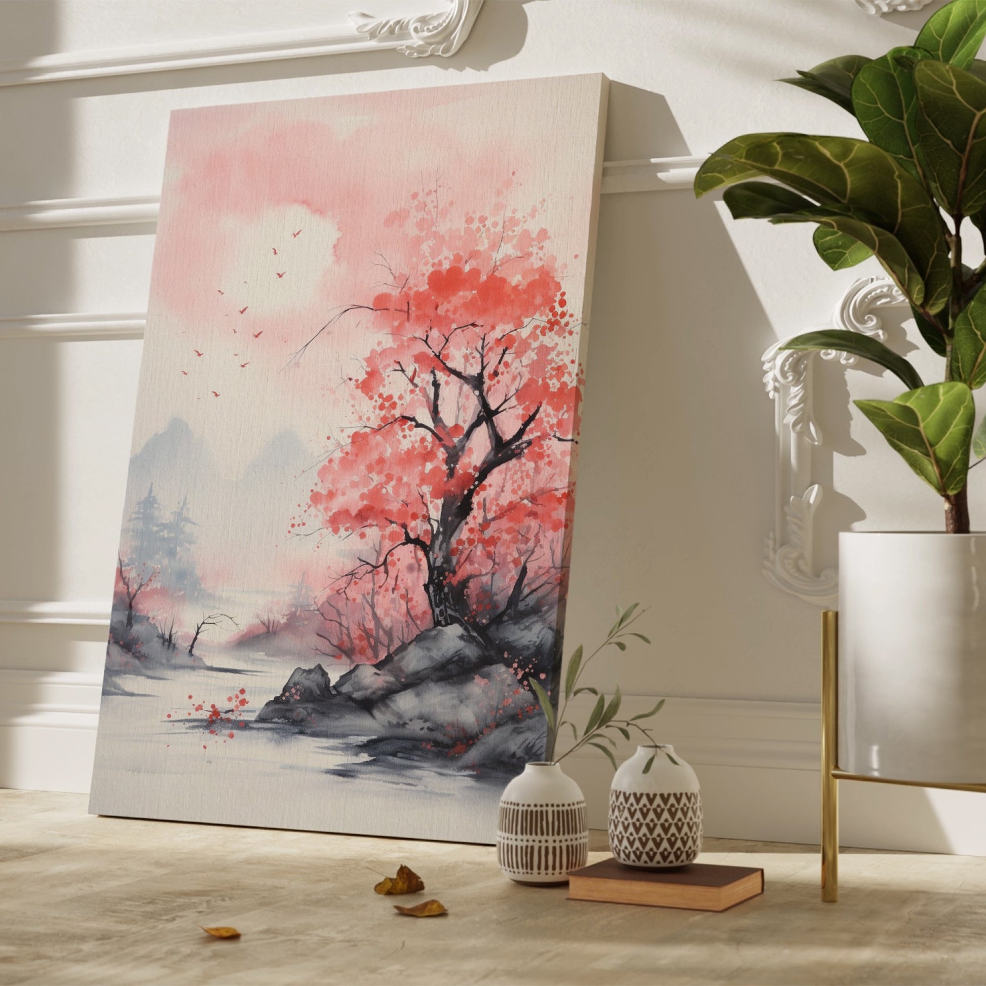 Watercolor painting of pink cherry blossoms with a misty mountain landscape and flying birds.