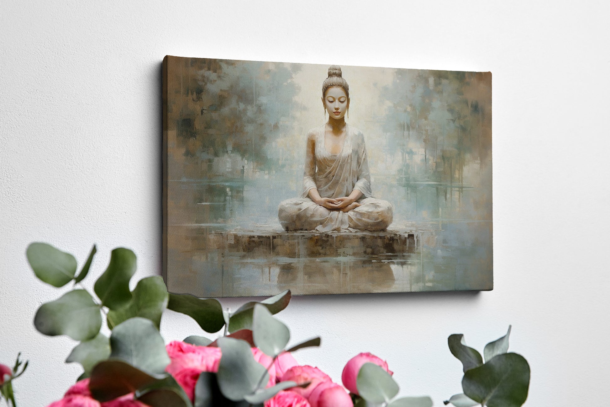Framed canvas print of a meditative Buddha in serene, neutral tones