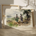Watercolor painting of two figures in traditional attire walking through a natural landscape