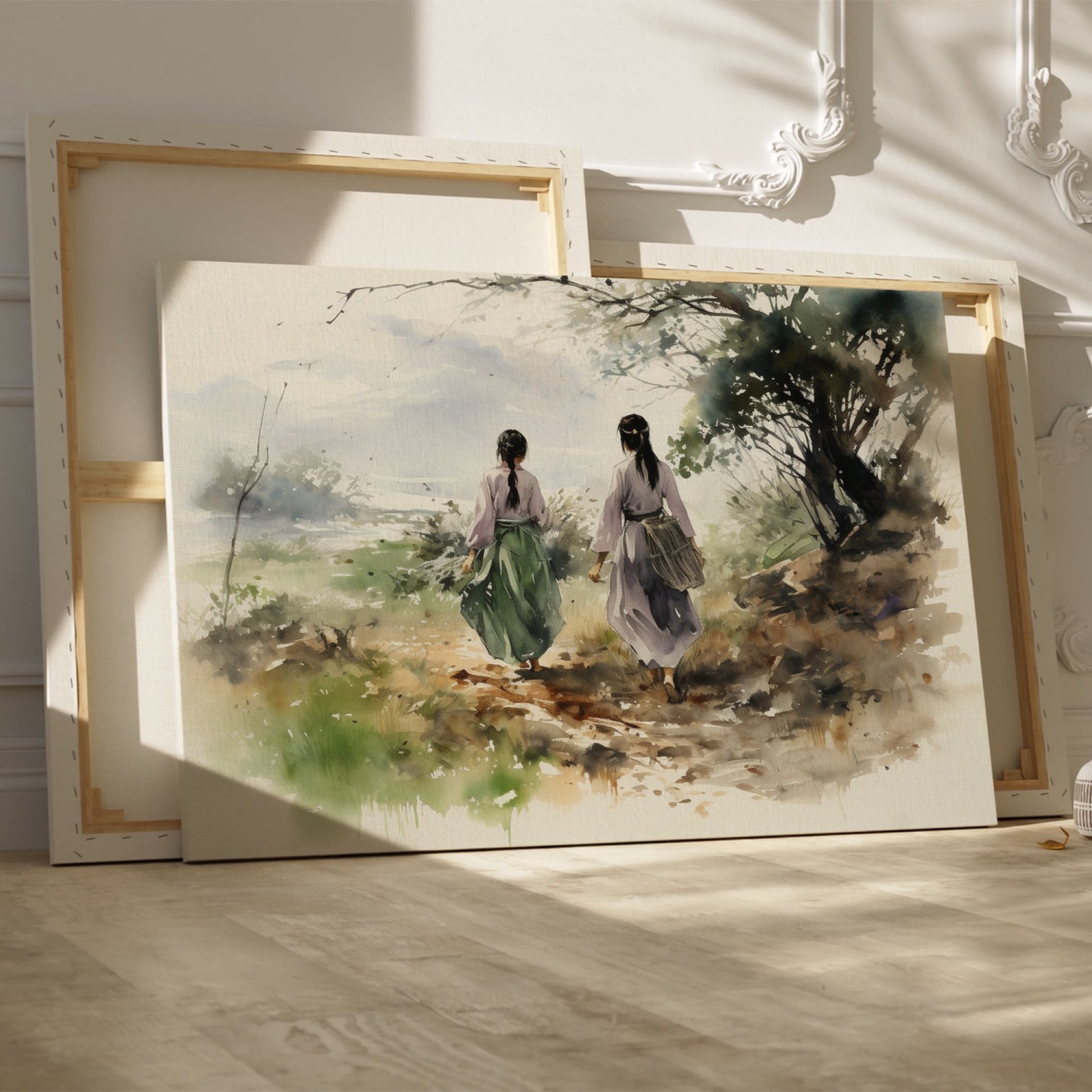 Watercolor painting of two figures in traditional attire walking through a natural landscape