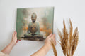 Framed canvas print of serene Buddha in meditation with abstract earthy background