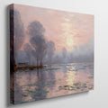 Impressionist-style painting of a peaceful river landscape at sunrise with reflections and tall trees.