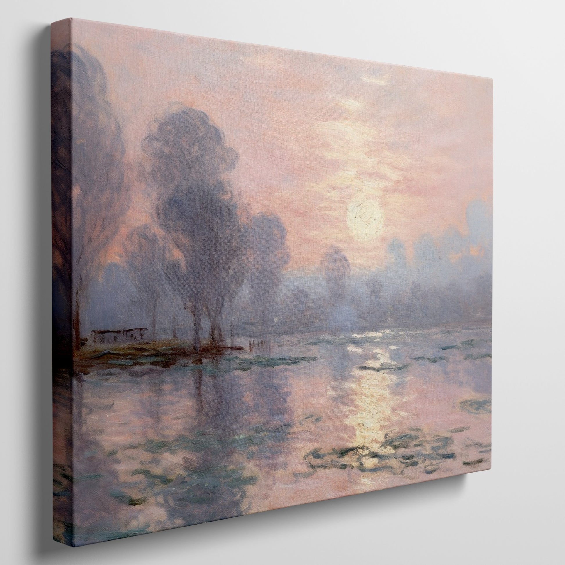 Impressionist-style painting of a peaceful river landscape at sunrise with reflections and tall trees.
