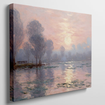 Impressionist-style painting of a peaceful river landscape at sunrise with reflections and tall trees.