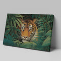 Canvas print of a tiger in a jungle with vivid green leaves around it