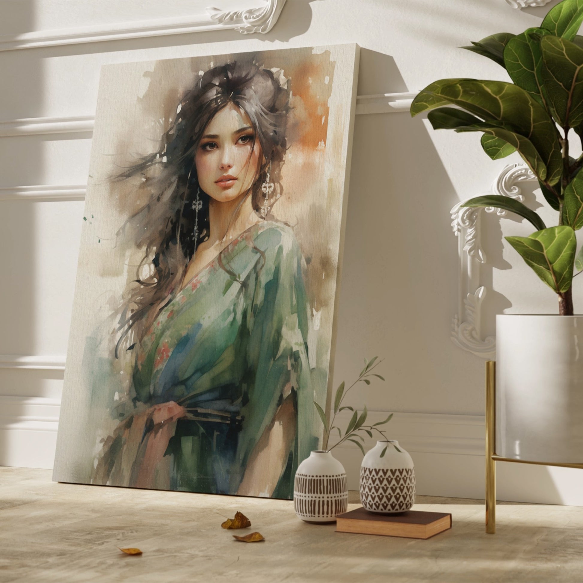 Watercolour-style portrait of a woman in green with brown accents and floral design elements