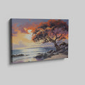 A vibrant sunset painting with an orange and red leafy tree overlooking a coastal seascape with gentle waves and cliffs.