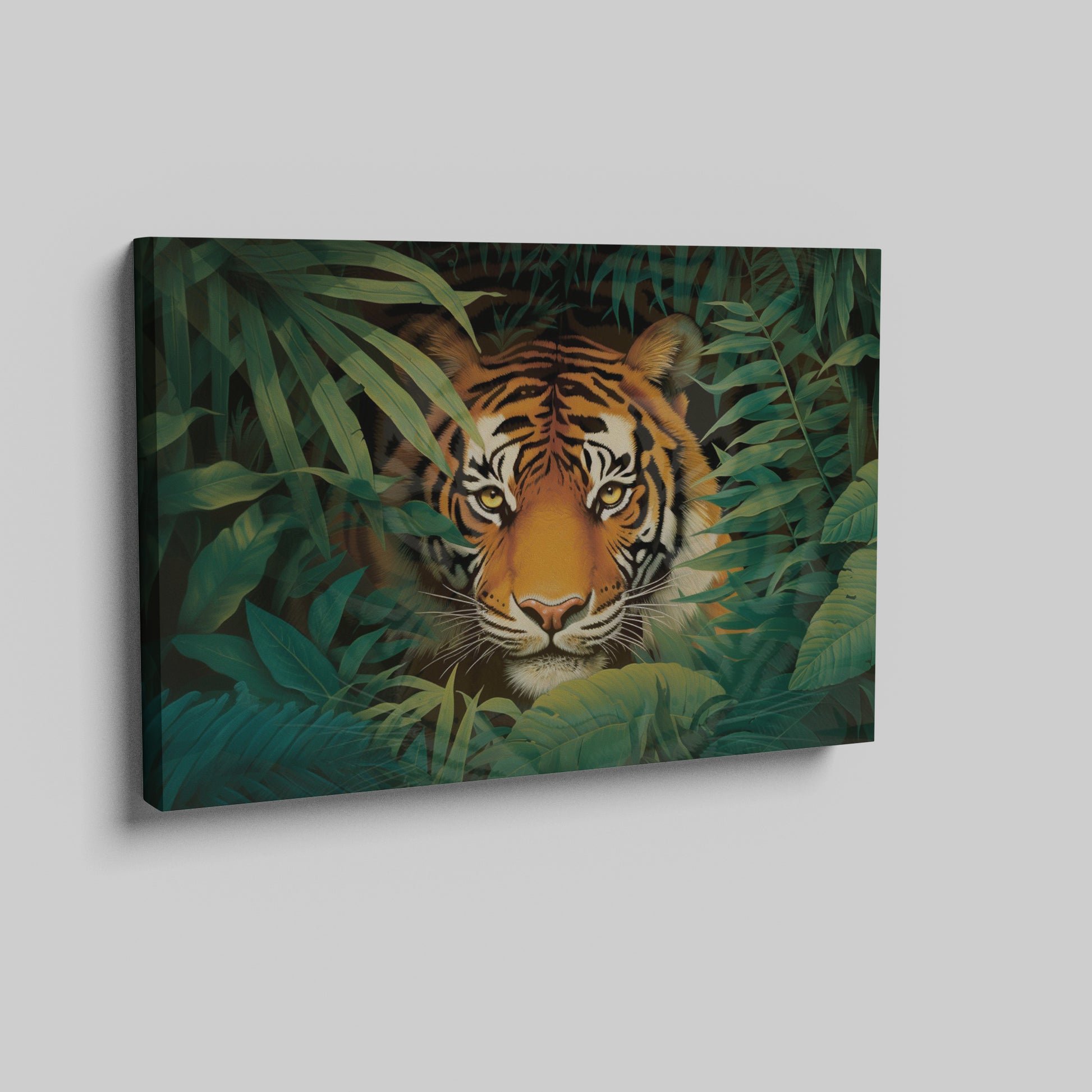 Canvas print of a tiger in a jungle with vivid green leaves around it