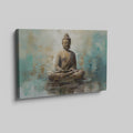 Framed canvas print of tranquil Buddha with abstract blue and beige background