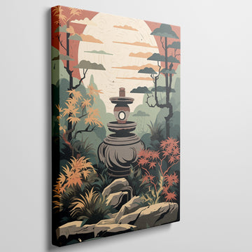 Oriental garden scene with a stone lantern, full moon, and autumn foliage in an illustration