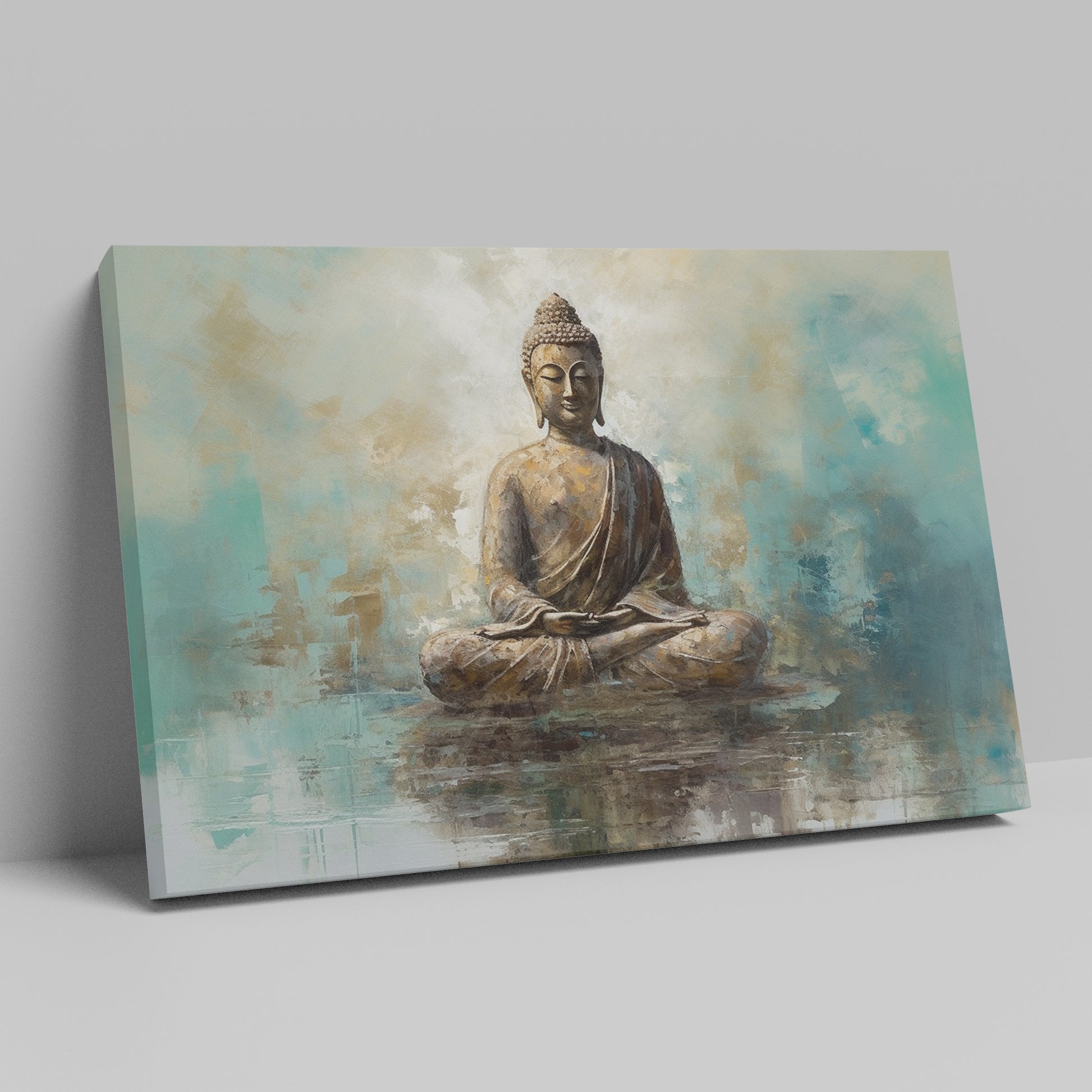 Framed canvas print of tranquil Buddha with abstract blue and beige background