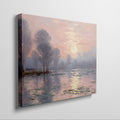 Impressionist-style painting of a peaceful river landscape at sunrise with reflections and tall trees.