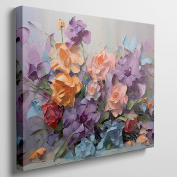 Framed canvas print of vibrant painted flowers, impressionist style with colourful bouquet
