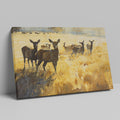 Framed canvas print of a deer herd in a golden autumn landscape with splattered paint effect.
