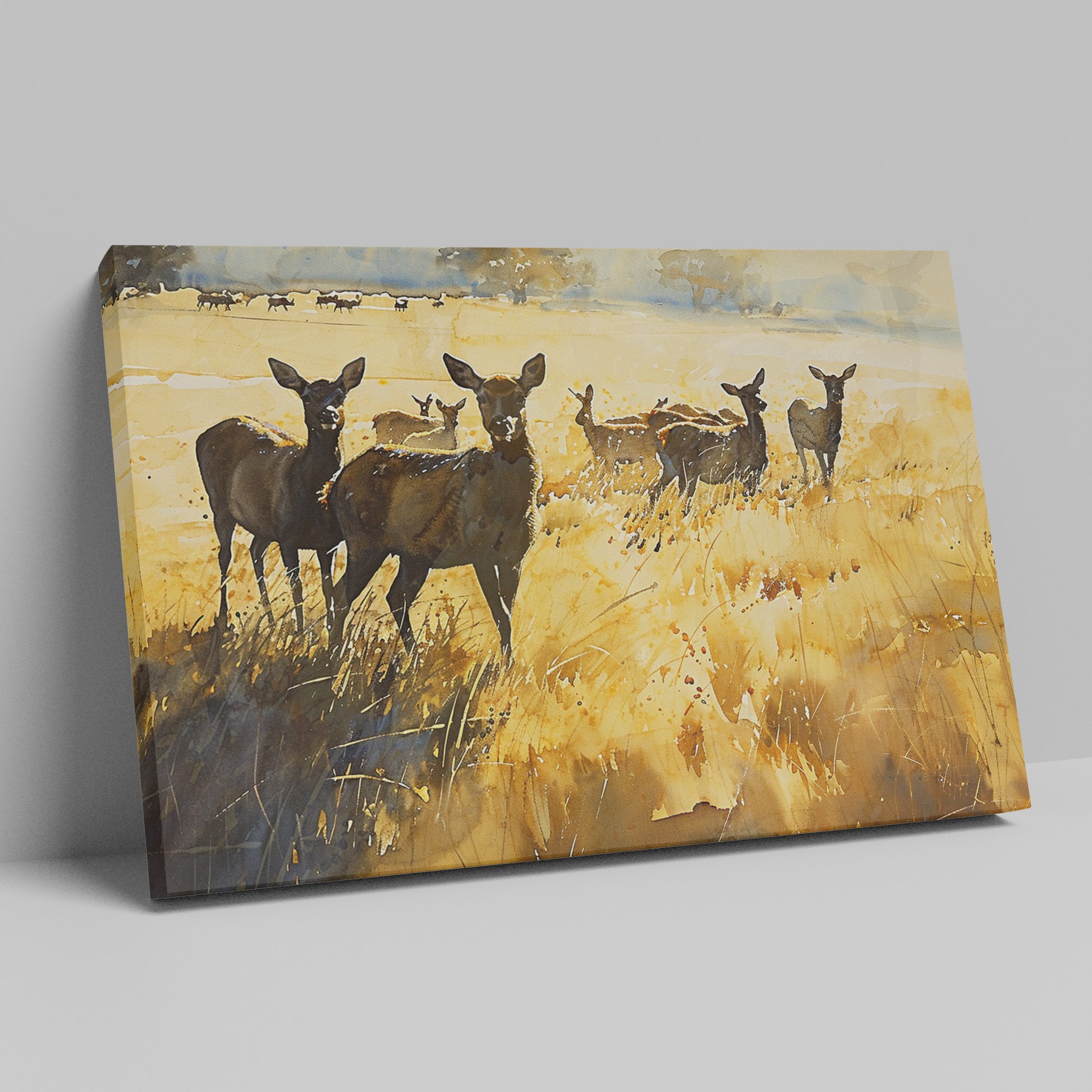 Framed canvas print of a deer herd in a golden autumn landscape with splattered paint effect.
