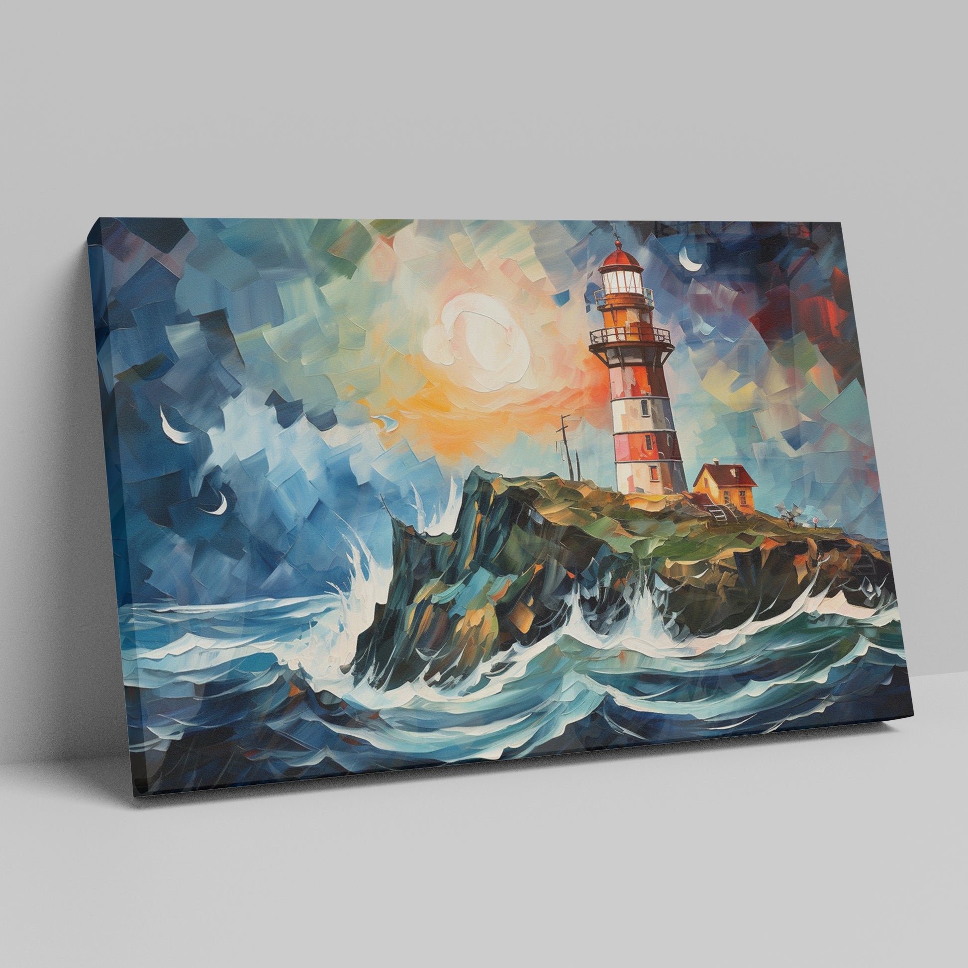 Framed canvas print of an abstract lighthouse seascape with vibrant sunset and dynamic brushstrokes
