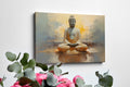 Framed canvas print of serene Buddha in meditation with abstract warm golden background