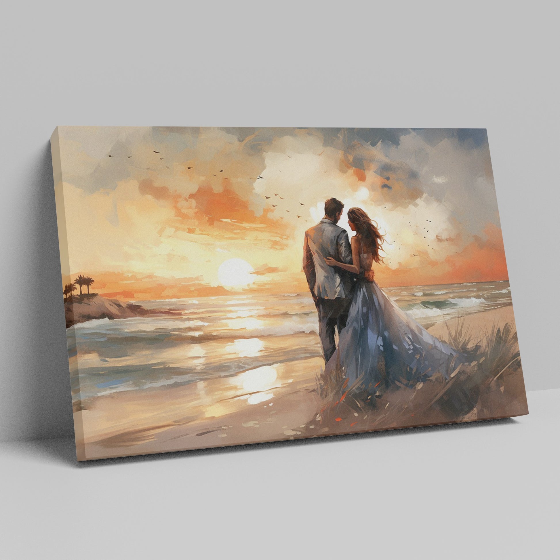 Framed canvas print of a couple embracing on a beach at sunset with vibrant warm colours and soft lighting