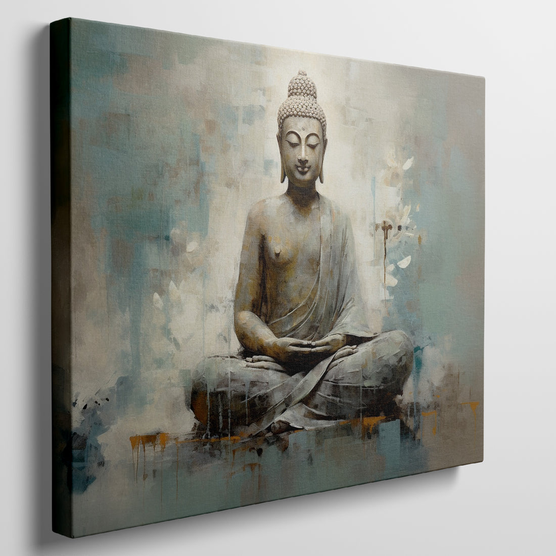 Canvas print of a meditating Buddha in beige and turquoise hues conveying serenity and spirituality.