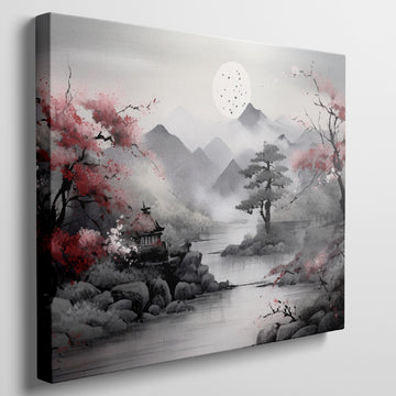 Framed canvas print of an Oriental landscape with cherry blossoms and mountains