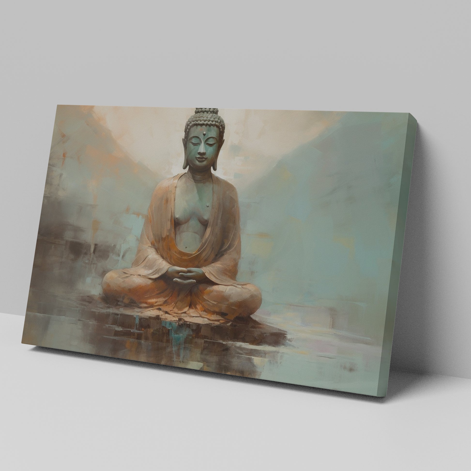 Framed canvas print of a serene Buddha in meditative pose with earthy tones