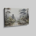 Framed canvas print of a misty oriental landscape with a pagoda and stone path
