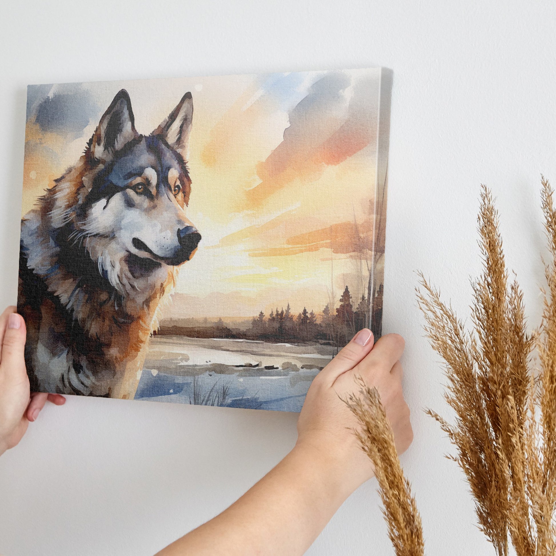 Framed canvas print of a majestic wolf in a sunset landscape with vibrant colours