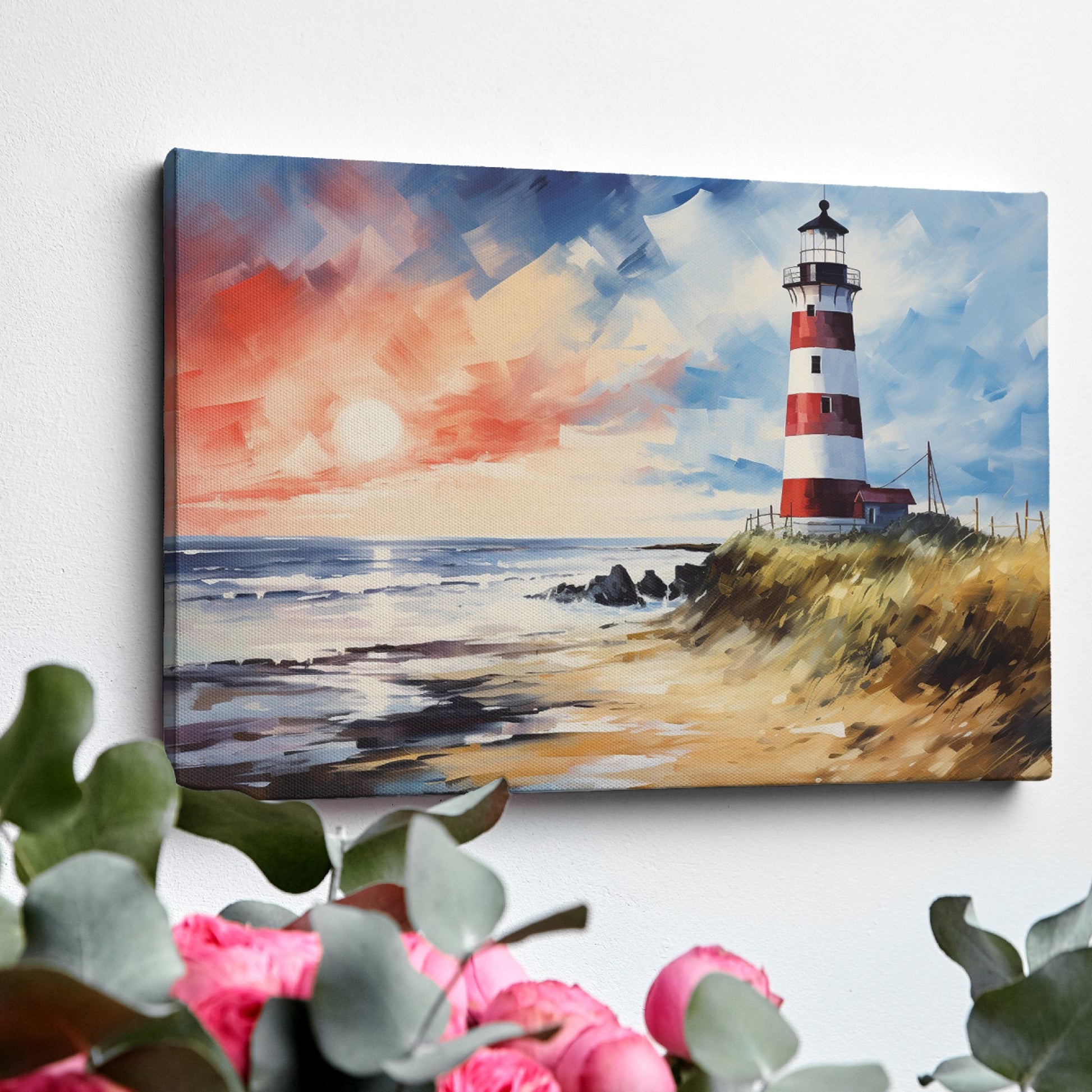 Impressionistic painting of a red and white lighthouse at sunset with vivid blue and orange sky