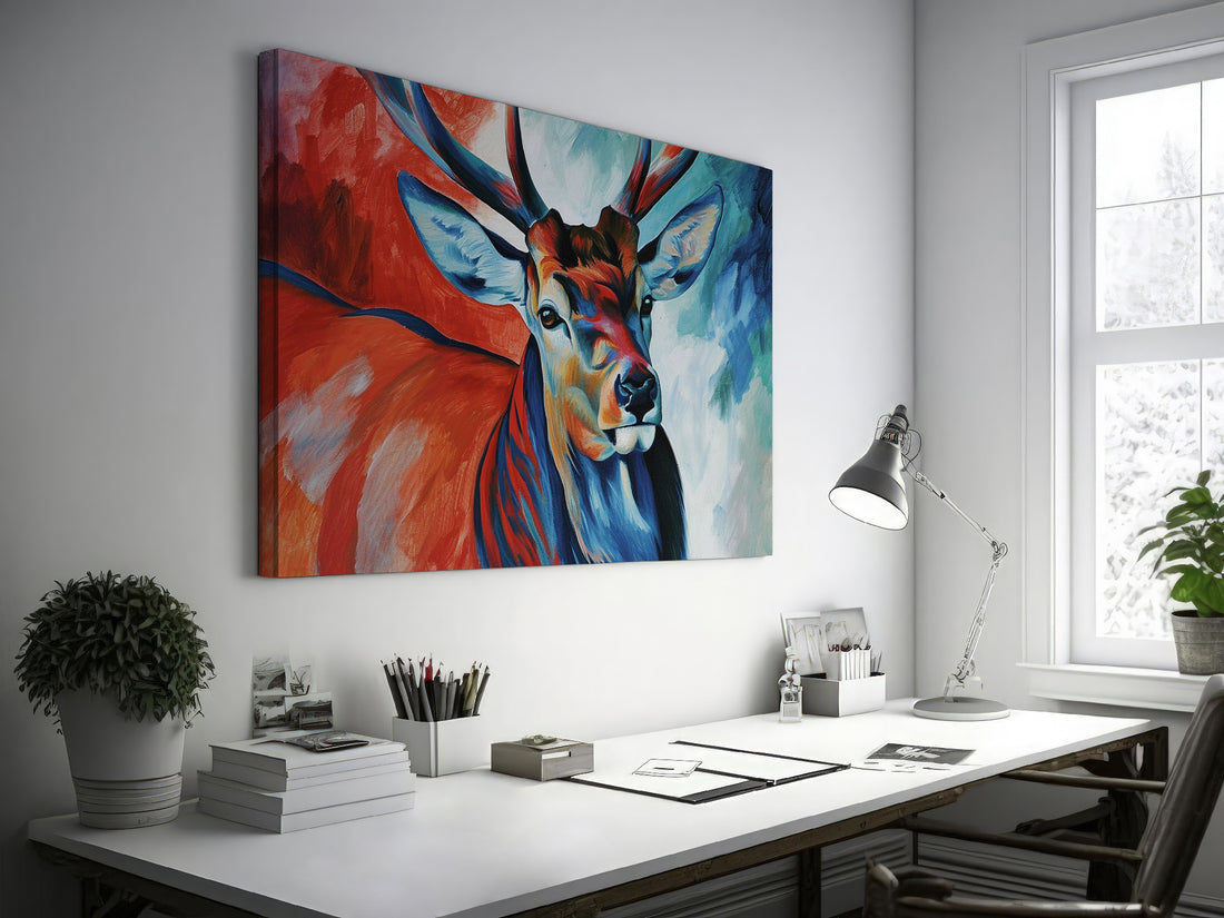 A vibrant canvas print featuring an elk portrait, with red and blue hues dominating the artwork.