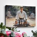 Framed canvas print of martial artists in meditation at a dojo