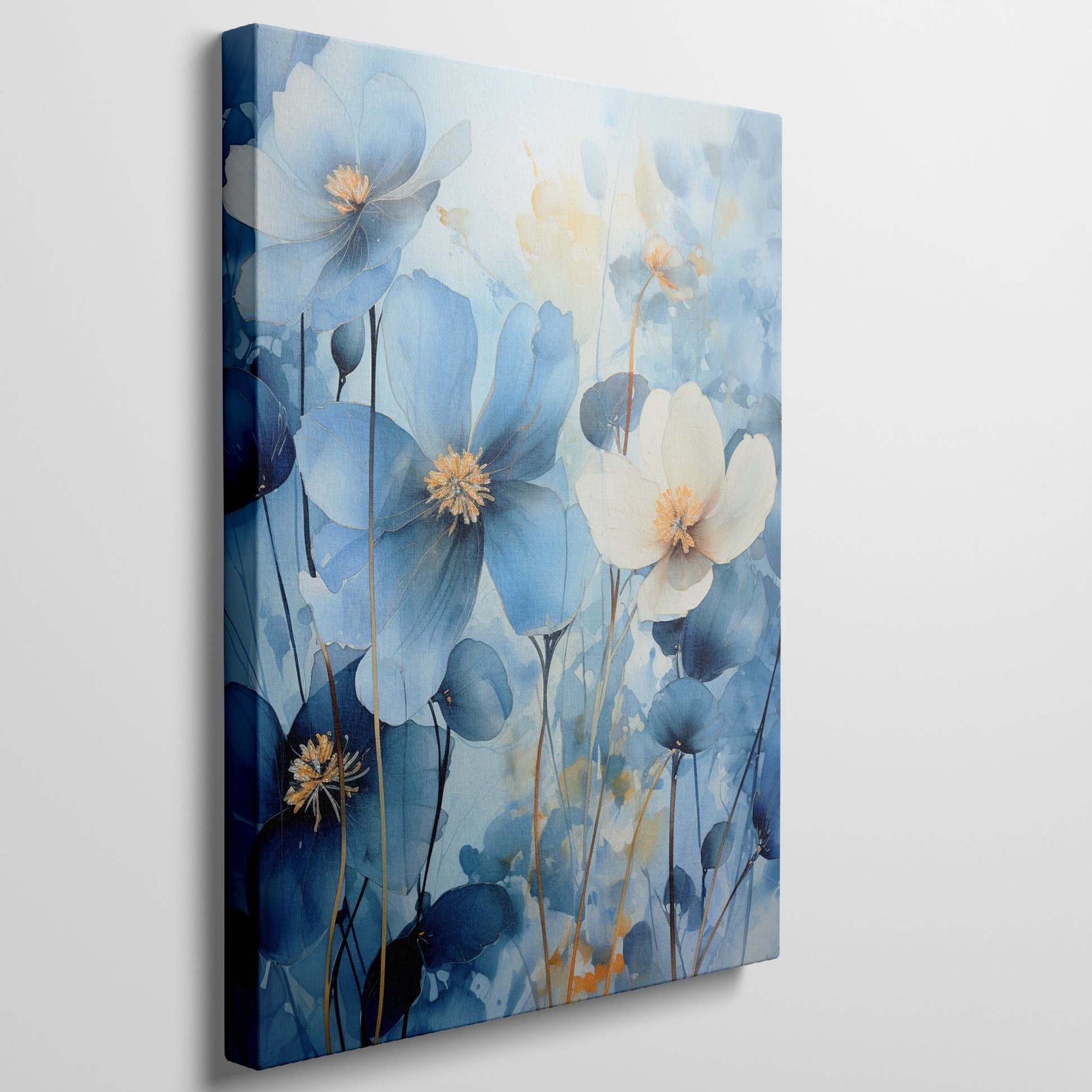 Framed canvas print of abstract blue and golden watercolour floral art