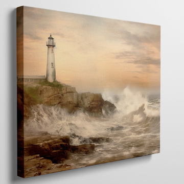 Warm-toned canvas print of a lighthouse on rocky cliffs with waves crashing against the shore under a soft orange sky
