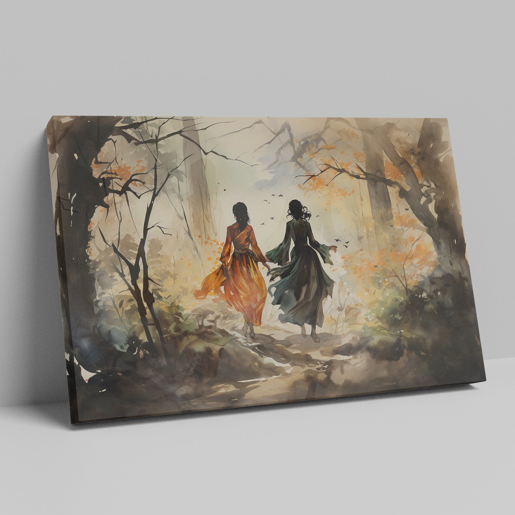 Watercolour painting of two figures walking through an autumn forest with bright orange leaves and birds in flight