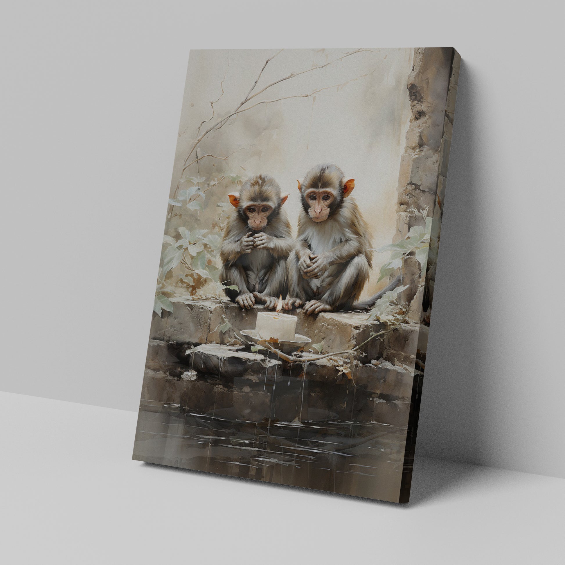 Framed canvas print of two monkeys contemplating over a birthday cake on a rustic backdrop
