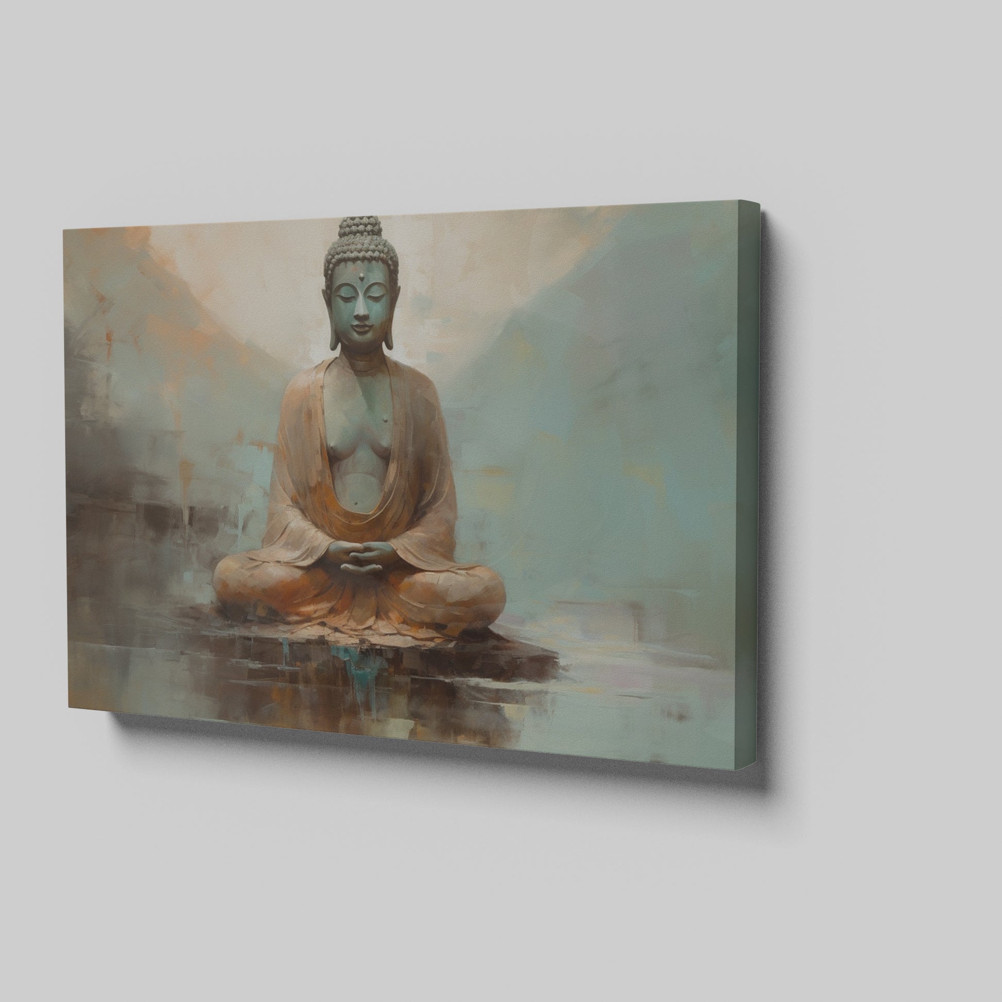 Framed canvas print of a serene Buddha in meditative pose with earthy tones