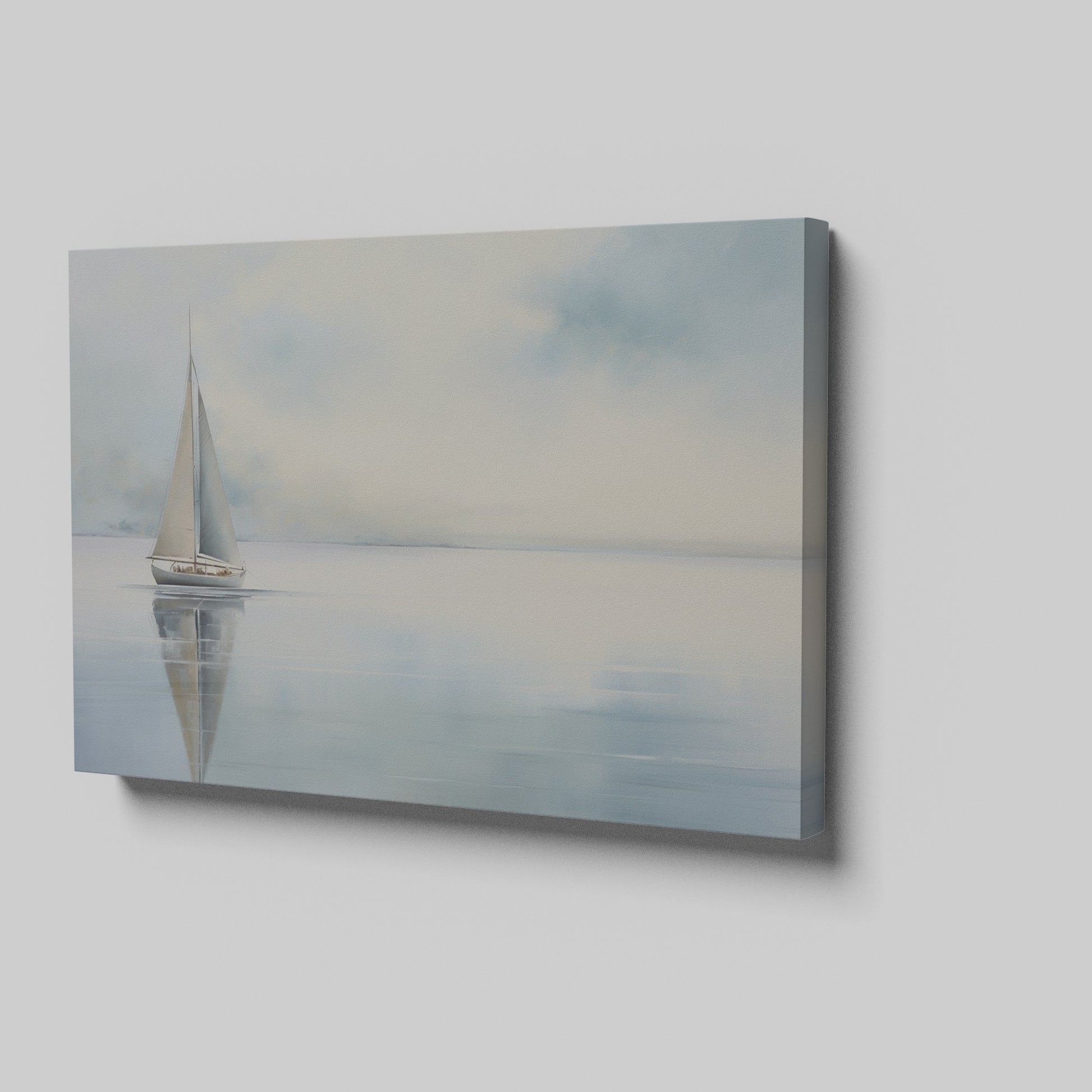 Framed canvas print of a serene sailboat with reflection on tranquil blue water