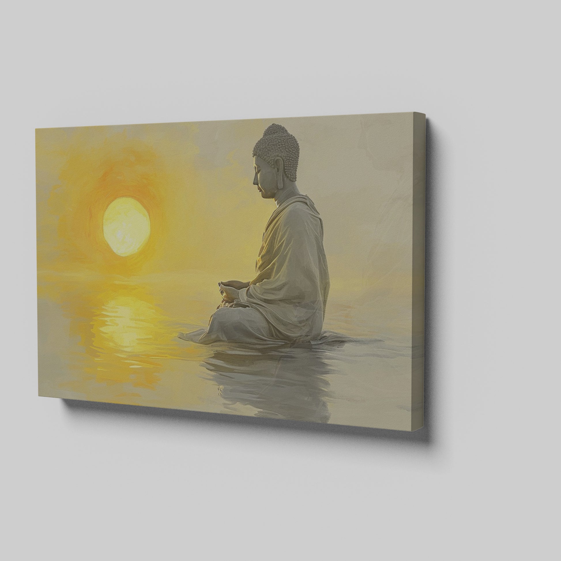 Framed canvas print of a meditative figure with the sun setting over water, reflecting golden tones