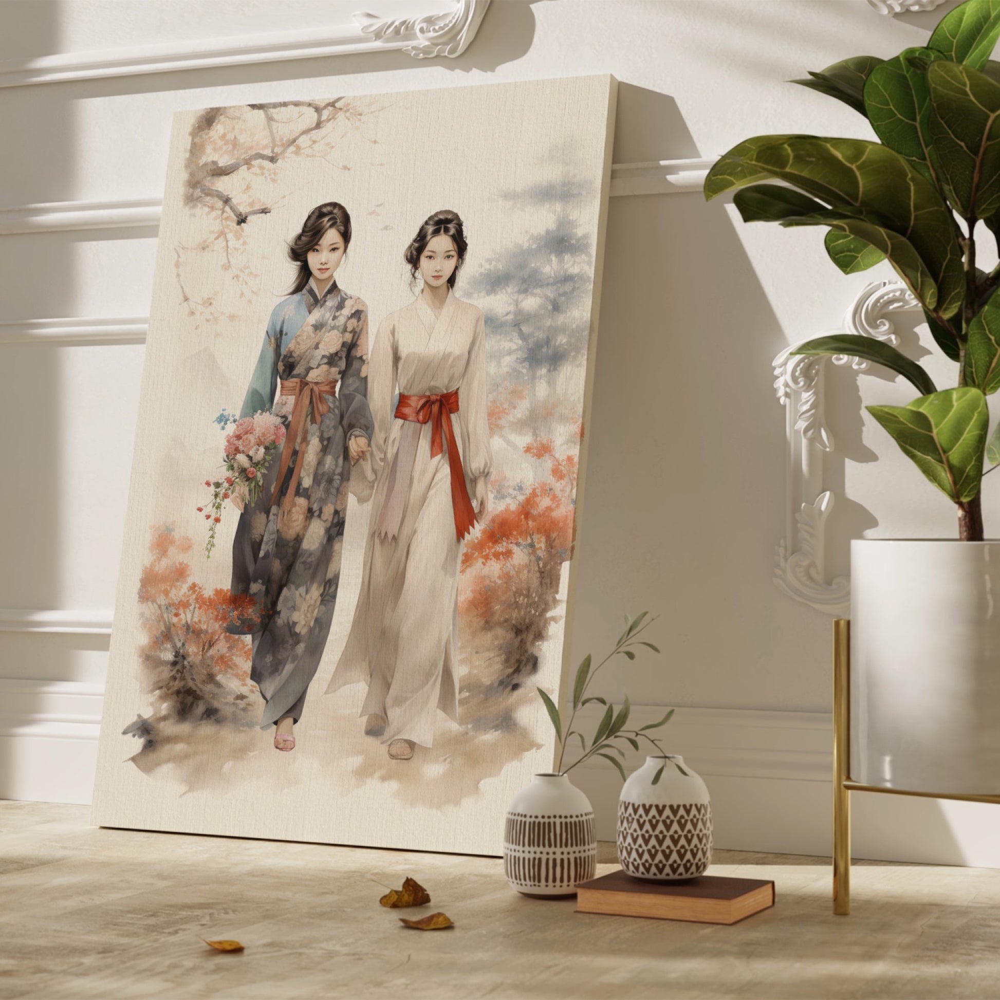 Digital painting of two women in traditional kimonos with cherry blossoms