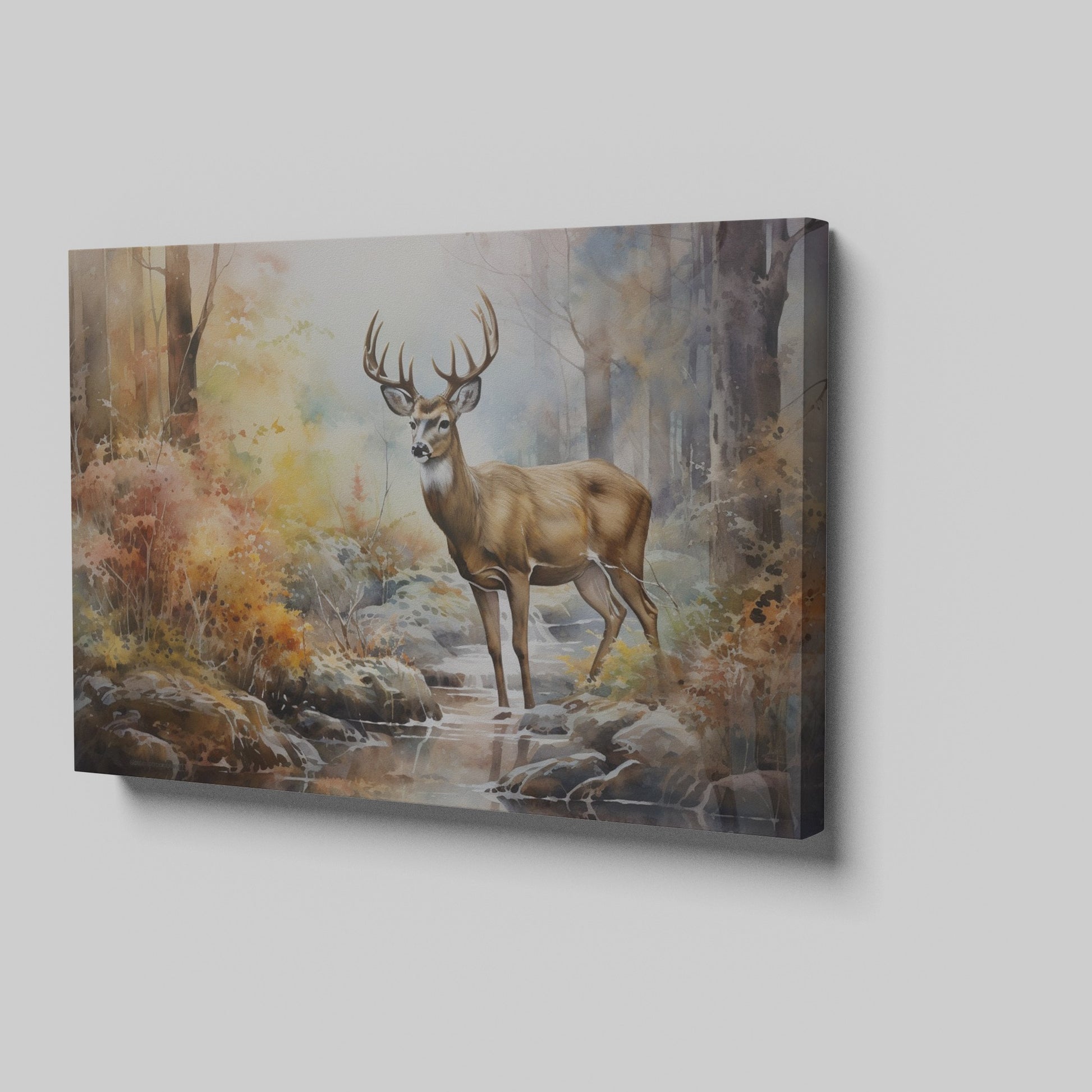 Framed canvas print of a stag in a watercolour autumn forest