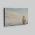 A peaceful painting of a sailboat sailing on calm ocean waters with clouds in the sky