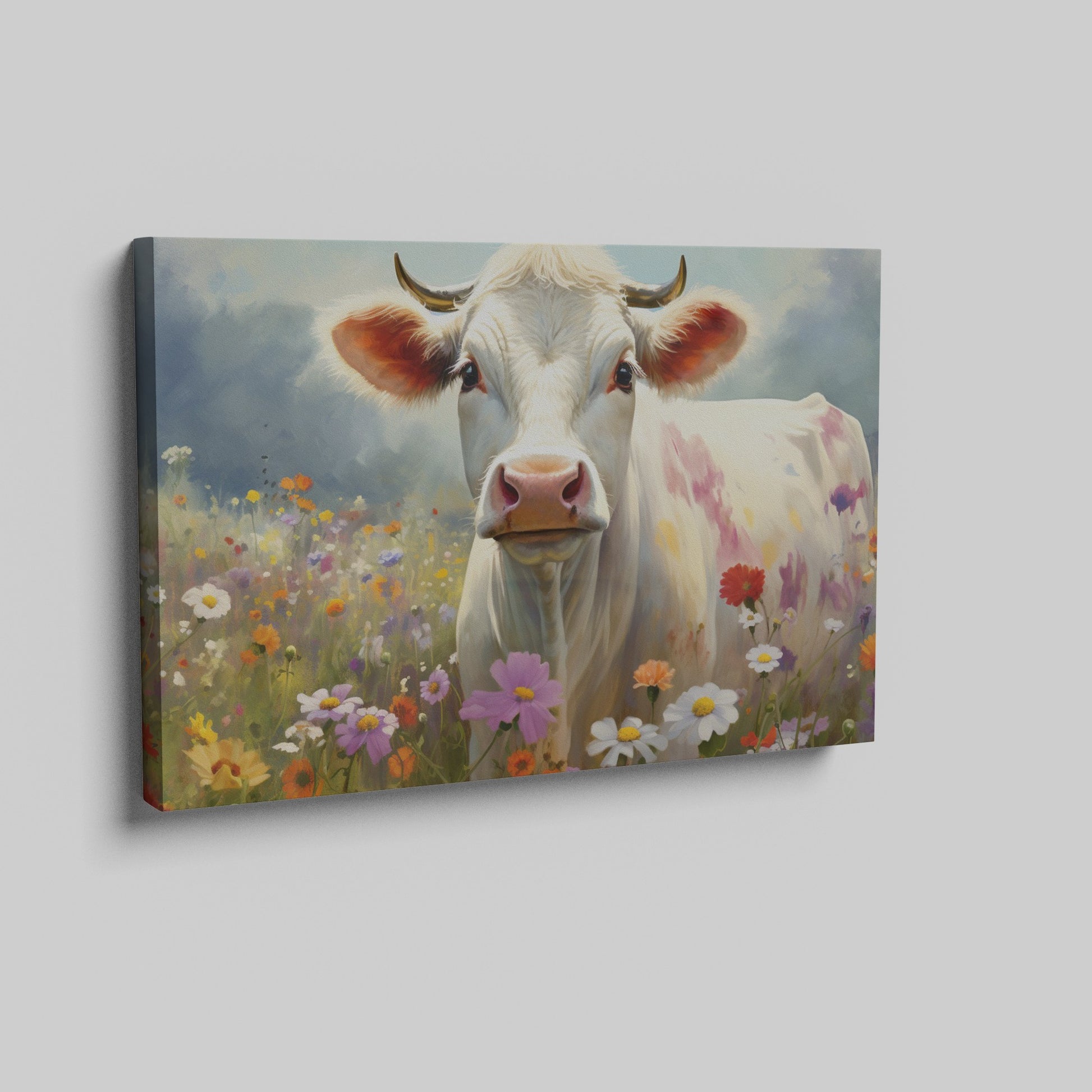 Framed canvas print of a realistic cow in a colourful meadow with wildflowers