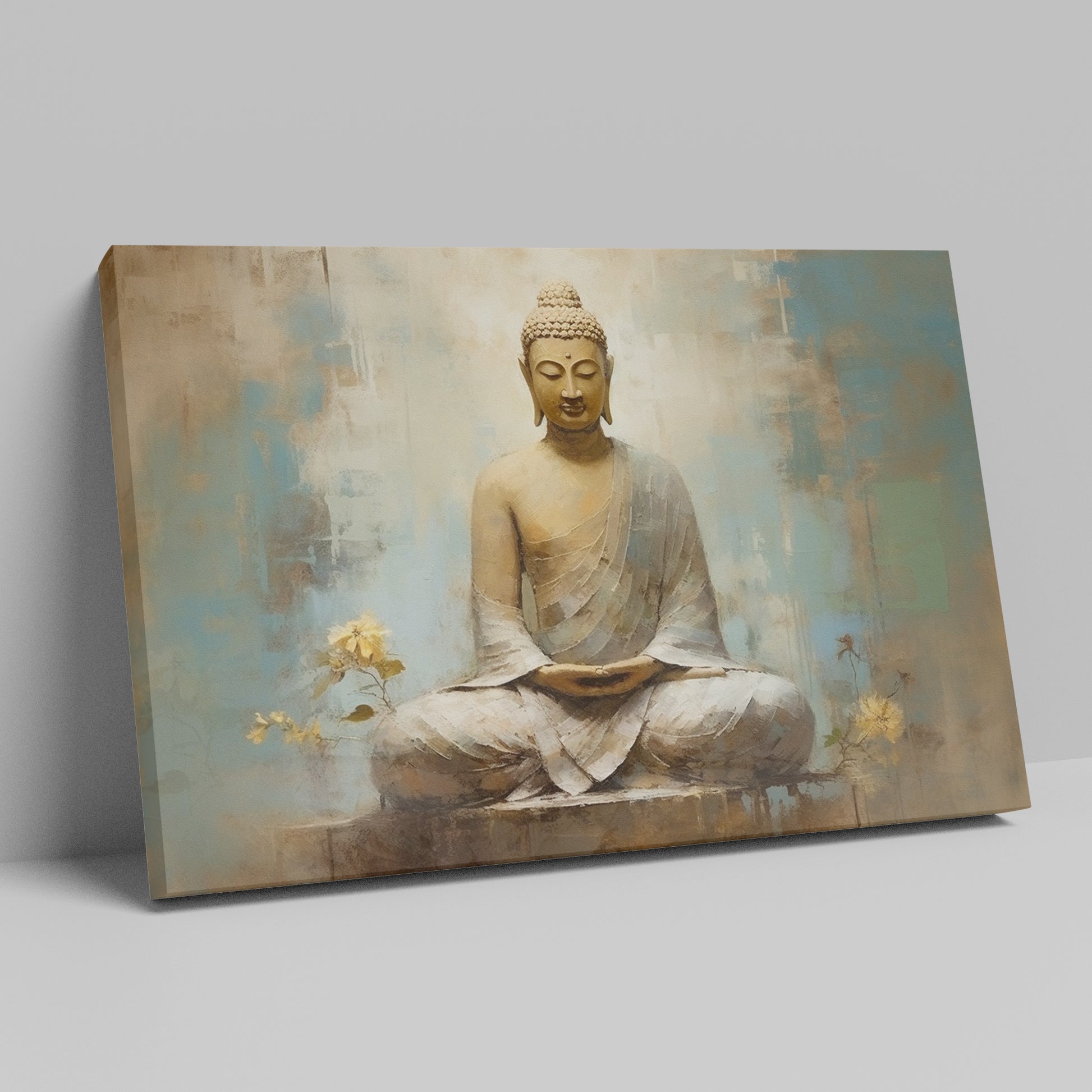 Framed canvas print of a serene Buddha meditating with warm earth tones and blue accents