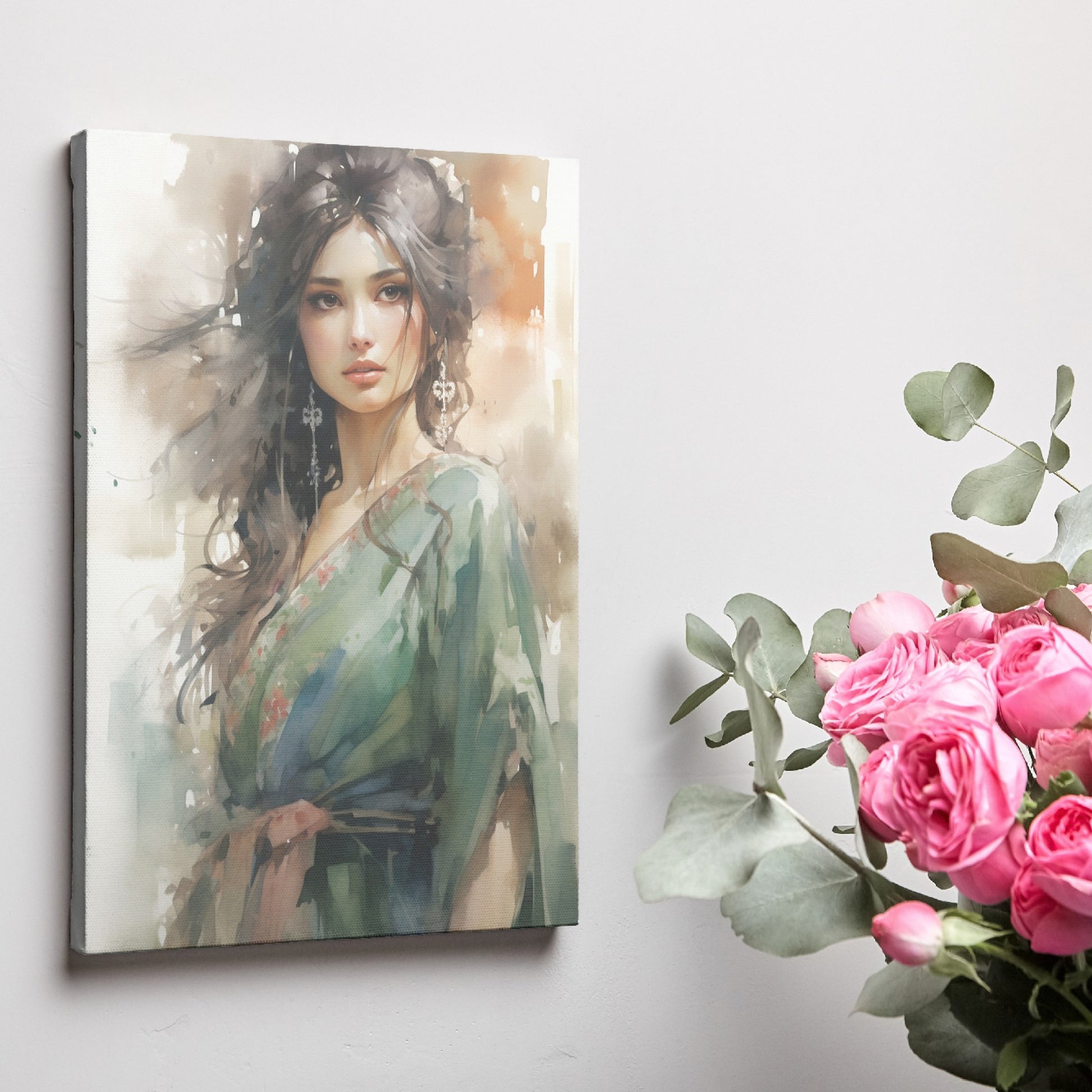 Watercolour-style portrait of a woman in green with brown accents and floral design elements