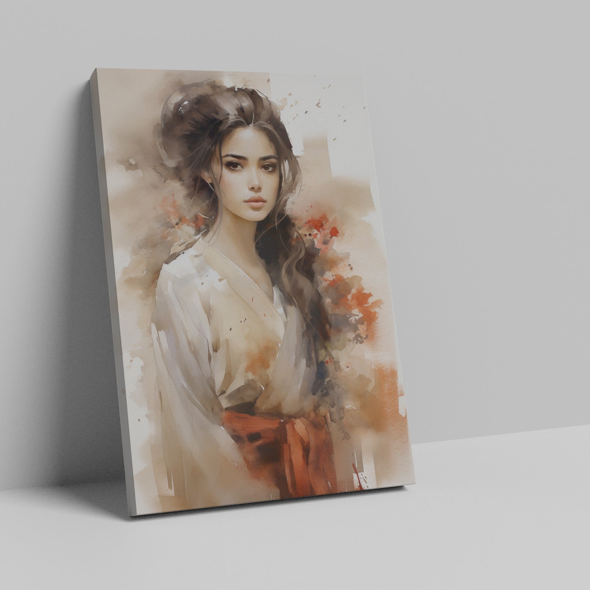 Framed canvas print of a sophisticated watercolour portrait of a woman in a traditional kimono