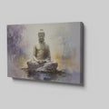 Framed canvas print depicting a serene Buddha in meditation, with textured strokes and a peaceful color palette
