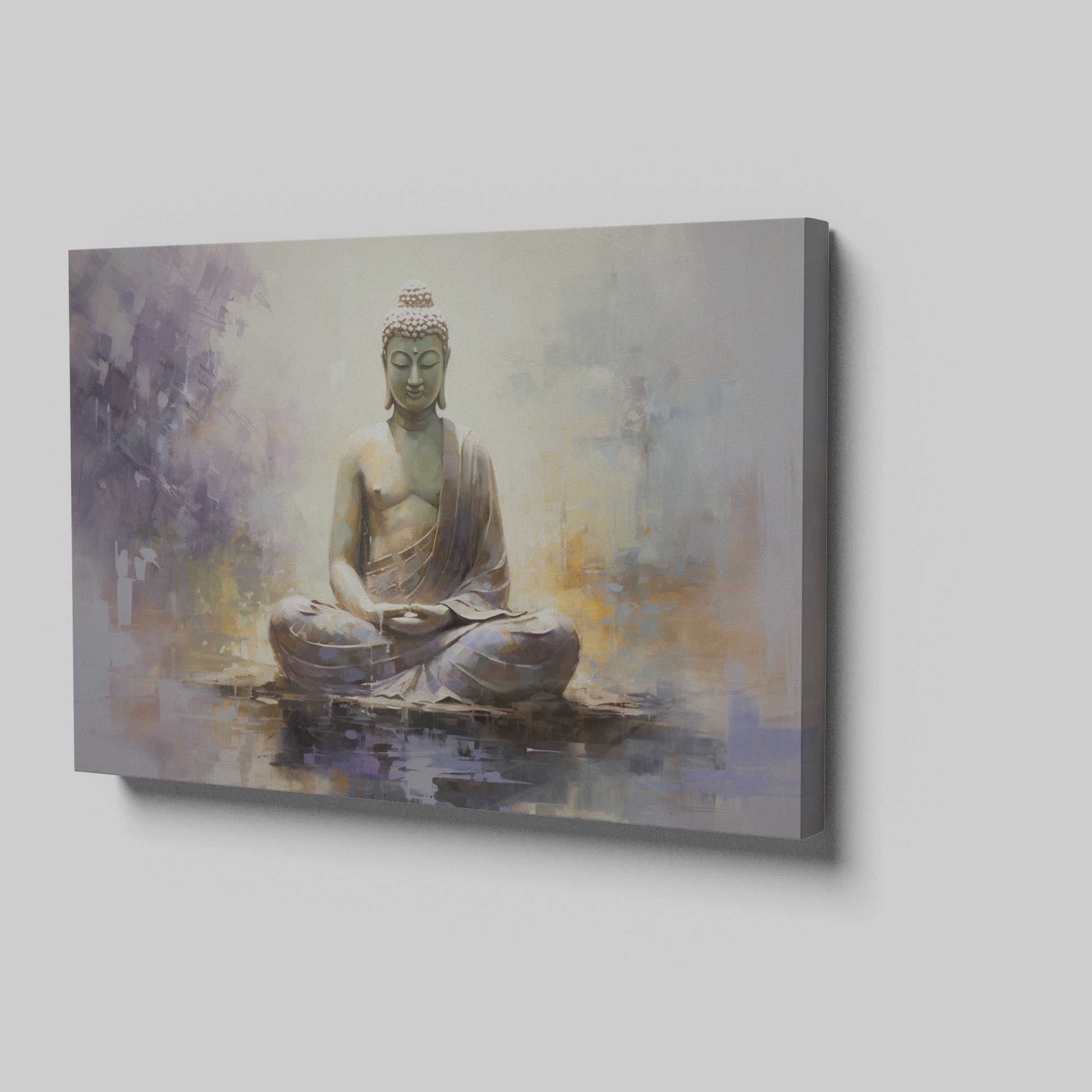 Framed canvas print depicting a serene Buddha in meditation, with textured strokes and a peaceful color palette